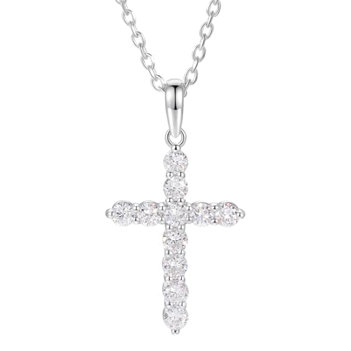 Lab Grown Diamond Cross Necklace 0.759 Carat Diamond Christian Faith Cross Pendant Necklace for Women/Men D Color VVS1 Clarity Hypoallergenic Sterling Silver/18K Gold Plated 18+2 Chain (Silver)