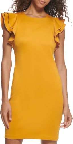 Image of Tommy Hilfiger Women's Sleeveless Ruffle Hem Jewel Neck Crepe Sheath Mini Dress