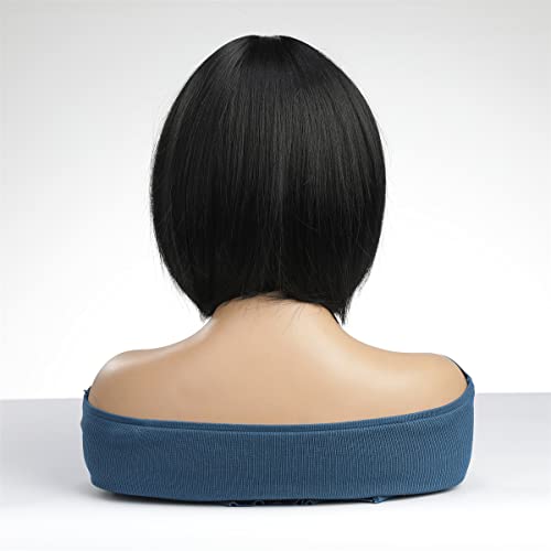 Magqoo Black Wig For Women Black Bob Wig With Bangs Short Straight Black Wigs Synthetic Cosplay Party Wig With Wig Cap(Black) #TOP3