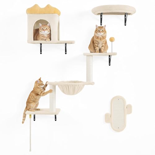 Yaheetech Kletterwand Katzen, Kletterwand Set mit Katzenhaus, Kratzbaum, Katzenkorb und Plattformen, Katzen Wandelemente für Kleine bis Mittelgroße...