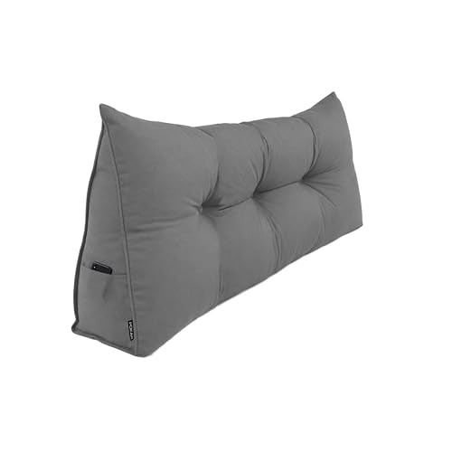 POKAR Coussin de Lecture 140x50x20 cm | Coussin Dossier Canapé et Lit | Gros Coussin Triangulaire avec Poche Latérale Pratique | Certifié Oeko Tex | Gris