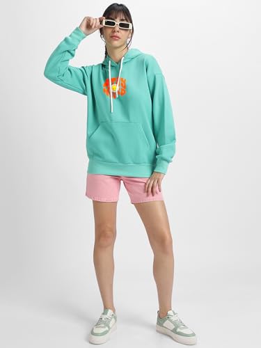 Image of JUNEBERRY Cotton Poly Fleece Oversized Fit Black, Green, Magenta, Mustard, Orange, Purple, Blue, Off White & Grey Graphic Printed Full Sleeve Hoodie for Women