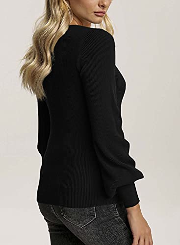 Imily Bela Womens Square Neck Long Sleeve Sweaters Casual Ribbed Knit Fitted Pullover Tops Black #TOP3