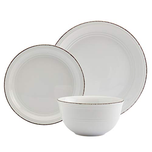 Tabletops Gallery Fashion Dinnerware- Stoneware White Rimmed Round Dishes Service for 4 Dinner Salad Appetizer Dessert Plate Bowls, 12 Piece White Antiqued Farmhouse Dinnerware Set