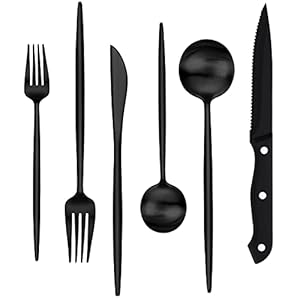 Stapava 48-Piece Matte Black Silverware Set with Steak Knives, Stainless Steel Flatware Set for 8, Satin Finish Tableware Cutlery, Utensil Sets for Home Restaurant Hotel, Dishwasher Safe