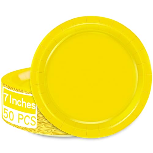 QZYL 50 Pieces Small Paper Plates 7 Inches Yellow Dessert Dinnerware Elegant Disposable Tableware Set Paper Plates Heavy Duty Party Supplies for Birthday Parties BBQs Picnics Events Gatherings