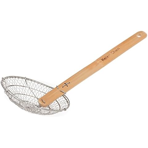 Helen's Asian Kitchen Helen Chen’s Asian Kitchen Stainless Steel Spider Natural Bamboo Handle, 7-Inch Strainer Basket, Silver/Brown Cover