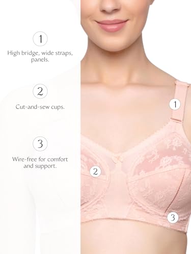 Image of Triumph International Doreen Bra For Women Non Wired Non Padded Wireless Bra Full Coverage Raschel Lace Lingerie Classic High Center Bridge Support Wide Straps Big Cup Bra for Larger Busts Pack Of 1