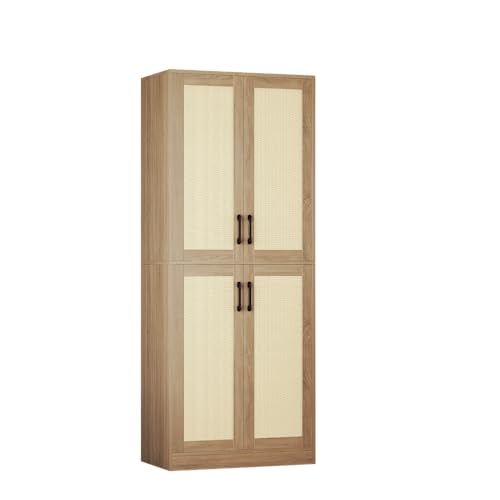 Storage Cabinet - Kitchen Pantry Cabinet, Rattan Cabinet, Tall Storage Cabinet with 4 Doors and Adjustable Shelf, Freestanding Cupboard for Kitchen, Bathroom, Laundry, Utility Room, Natural, 67
