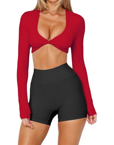 INFITTY Long Sleeve Going Out Tops for Women Trendy Workout Shirts Twist Front Crop Pilates Outfits Red Small