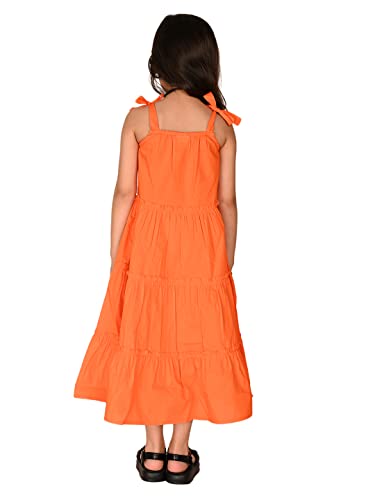 Image of LILPICKS Girls Solid Tie Up Shoulder Straps Sleeveless Fit n Flare Dress (Orange)