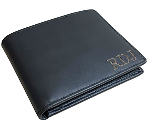 Custom Genuine Leather Wallet for Men, RFID Blocking Personalized Bifold Wallet with ID Window, Engraved Real Leather Wallet for Men with Gift Box (Black)