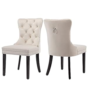 GOOLON Velvet Dining Chairs Set of 2 Dining Chairs Button Tufted Dining Room Chairs Upholstered Chairs for Dining Room with Rivet Trim Metal Pull Ring Wood Legs for Kitchen Dining Room Beige