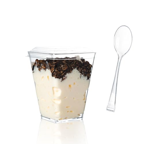 100 Pack 5oz Mini Dessert Cups with Soopns and Lids, Clear Square...