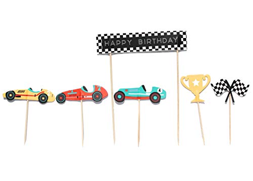 Vintage Race Car- Cupcake, Cake Toppers | 11 Pack | Checkered Flags, Trophy