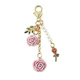 Ranuw Llavero de moda con diseño de camelia de rosa, decoración de mochila, llavero colgante hecho a mano, llavero de moda con diseño de flor de rosa