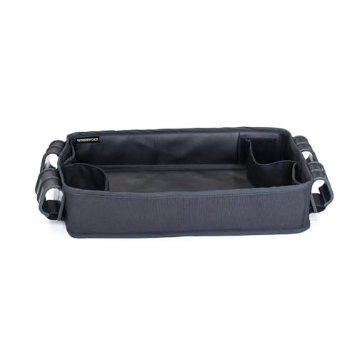 Image of WONDERFOLD Double Sided Stroller Tray for Snacks & Activities Featuring Faux Leather Side for Eating, Polyester Side for Activities, and 4 Kid’s Cup Holders (W2 Only)