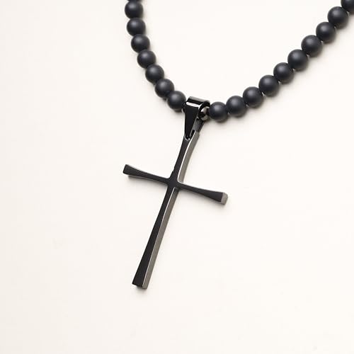 COAI Men's Cross Necklace Black Stone Necklace Onyx Beaded Necklace for Men4