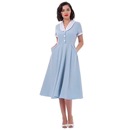 Image of Women 1950s Vintage Short Sleeve Peter Pan Collar Retro Swing A Line Midi Summer Dress Cocktail Party Evening Prom Gown