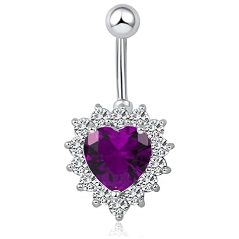 IPINK- 14G Heart Diamond Cubic Zirconia Navel Rings Belly Button Body Surgical Steel Piercing Jewelry, Stainless Steel, cubic-zirconia Cover