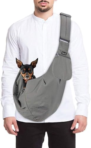SlowTon Hundetragetasche, Haustier Hundetasche mit verstellbarem, gepolstertem Schultergurt und Fronttasche Tragetasche Hund für Spaziergang (Grau, M(Für Haustiere 2,7-5,4 kg))