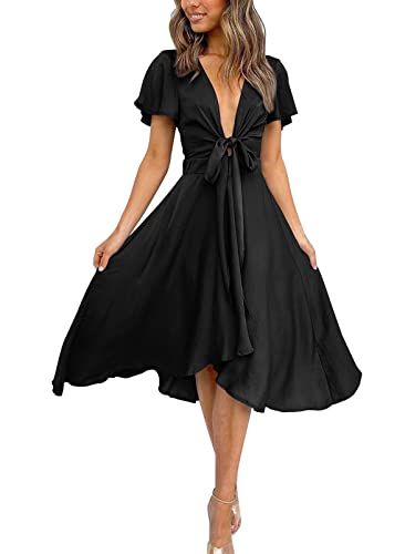 Image of miduo Womens Satin V Neck Ruffle Short Sleeve Tie Front High Waist Midi A-Line Maxi Dresses