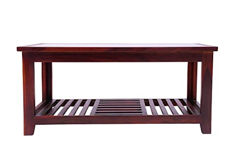 Image of Solid Sheesham Wood Modern Rectangular Coffee Table with Glass Top for Living Room with Bottom Storage Shelf /Glass Center Table for Sofa (Mahogany)