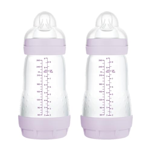 MAM Pack 2 Biberones Anticólicos, 2 4 Meses, 260ml, con con Tetina 2 Flujo Medio de Silicona de Fácil Aceptación, Autoesterilizable y Fácil de Limpiar, MAM Easy Start Anti Colic, Rosa Mate, 2uds