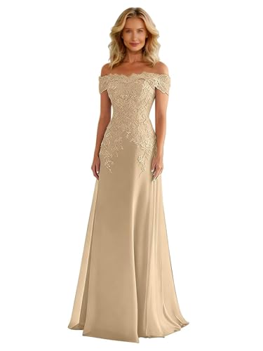 Champagne Chiffon Mother of the Groom Dresses for Wedding A-Line Off Shoulder Formal Gowns US10