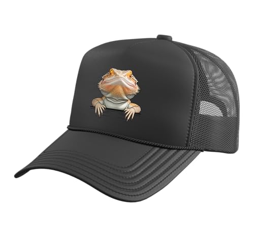 Bearded Dragon Funny Peeking Pocket Beardie Lizard Trucker Hat with Adjustable Mesh Back Black