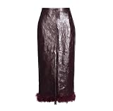 Women Solid PU Leather Spliced Pockets Skirt High Waist Patchwork Feathers Bocycon Chic Long Skirts WineRed XL
