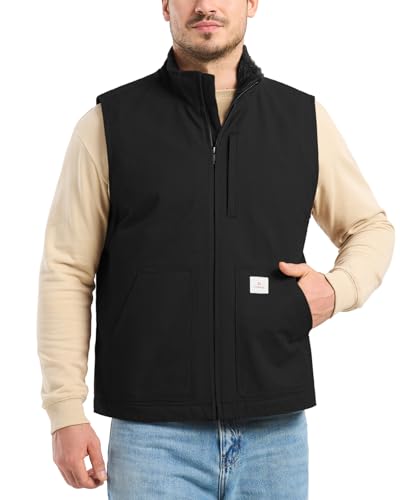 HISEA Men's Washed Duck Sherpa-Lined Vest, Mens Loose Fit Winter Insulated Canvas Workwear Mock-Neck Vest