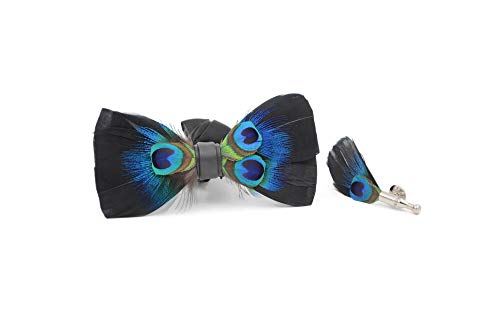 Mandujour Handcrafted Peacock Feather Bow Tie & Lapel Pin Set - Elegant Midnight Black Accessory for Men