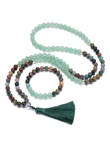 JSDDE Lot Chapelet Collier Mala Tibétain 108 Perles en Pierres Naturelles 8mm Bracelet Élastique de Perles Cristal pour Homme Femme Chapelet 108 Grain...