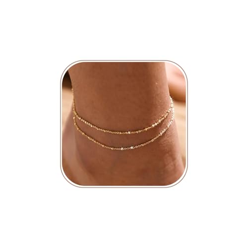 MIDEEO Gold/Silver Ankle Bracelets for Women,14K Gold Anklets for Women Waterproof Cuban Link Heart Beads Herringbone Rhinestone Anklets Set Layered Anklet Bracelets Gold Jewelry Gift