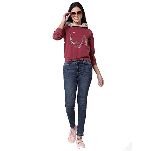 Image of Juelle Women Embellished Brown Hooded Fleece Sweatshirt