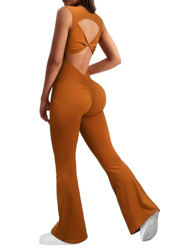 MYMORE Women's Brown Bell Bottom Bodycon Unitard Jumpsuit Sleeveless Twist V Back Scrunch Butt Ruched Flare Tight Athletic Jumpsuits Pant Active Yoga One Piece Workout Bodysuit L