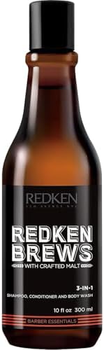 Redken Brews 3-IN-1 Shampoo, Conditioner, Body Wash for dry hair, all skin types. Cleanses, moisturizes, conditions hair; nourishes, softens skin. Great for gym, travel.