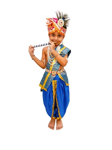 Image of BookMyCostume Krishna Costume with Heavy Jewellery and Pagdi and Brocade - Janmashtami Complete Premium Dress for Baby Kanha Boys & Girls - Light Blue 0-6 M