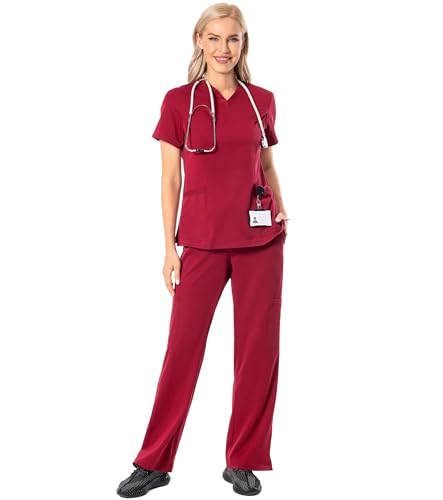 PuriPure Athletic Scrub Set for Women 4-Way Stretch V-Neck Scrub Top with 2 Pockets & cargo Scrub Pant with 5 Pockets (Red, Small)
