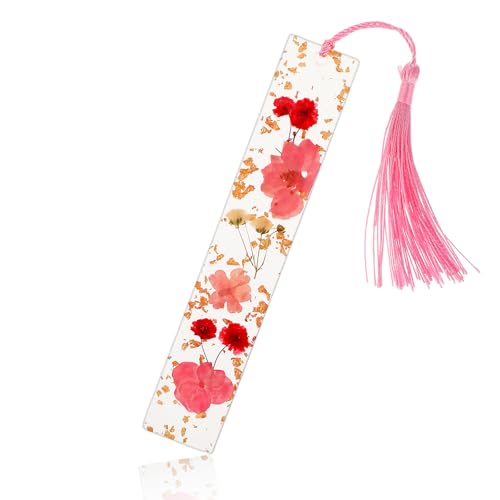 Gepresste Blumen Lesezeichen Harz Personalisiert Seitenmarkierung mit Quasten Natürliche Getrocknete Blume Lesezeichen Geschenke für Leser Lehrer Studenten Festival (Rosa)