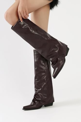 Women's Fold Over Knee High Boots Wide Calf Chunky Heel Long Boots Women Pointed Toe Dress Tall Boots for Women Slouchy Shark Boots3