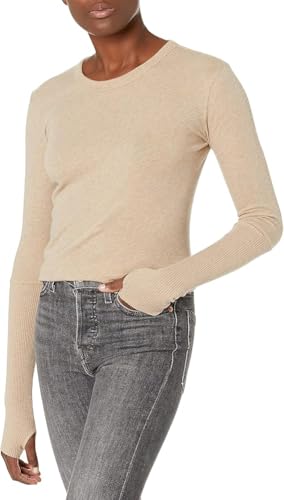 Image of Enza Costa Women's Cashmere Blend Cuffed Crew Top with Thumbholes