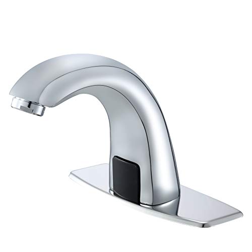 Automatic Sensor Bathroom Sink Faucet with Hole Cover Plate, Touchless, Brass, Bath Water Tap with Temperature Mixer, 3/8" 1/2" Adapter, 3 Hoses, Large Elbow Shape Chrome Nickel Finished