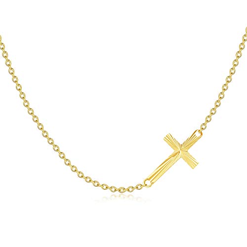 Solid 14K Gold Sideways Cross Choker Necklace Crucifix Cross Necklace Anniversary Mother's Day Jewelry Gifts for Her,16 Inch