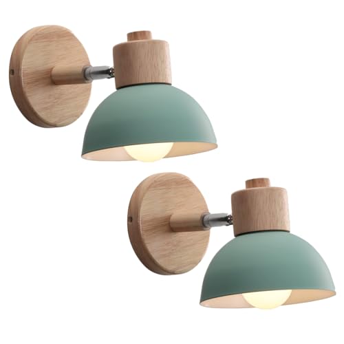 WOTTES Wandlampe Retro Holz E27 Wandbeleuchtung Vintage Innen Wandleuchte Moderne Wandlicht Wandstrahler Industrial Wall Lamp für Wohnzimmer Korridor Treppen Schlafzimmer (2 Stück, Grün)