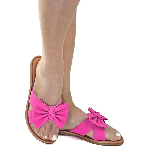 Image of Tiara Women's Bow Sandals, Slip On Flat Slides with Bow Detail | Cute Summer Sandals, Cushioned for All-Day Comfort - Great for Beach, Vacation & Everyday Wear
