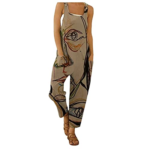 Aniywn Loose Fit Jumpsuits for Women Casual Capri Jumpsuit Jumpers Rompers Vintage Printed Overall Rompers Khaki
