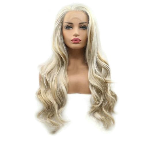 RainaHair Body Wave Synthetic lace front wigs 613#Blonde Highlights Golden Glueless Natural Looking Mixed Blonde Color Hair for Women Cosplay Party 26''