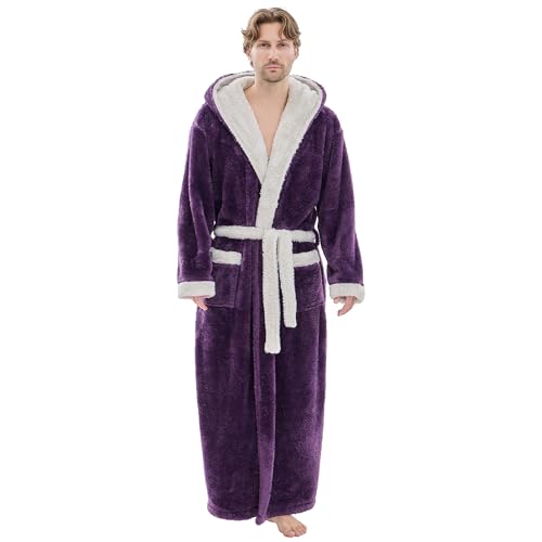 PJGGZ Mens Plush Robes Full Length, Big and Tall Fleece Hooded Bathrobe Warm Fluffy Cozy Winter Housecoat Floor Length(Dark Purple/Light Grey,L/XL)